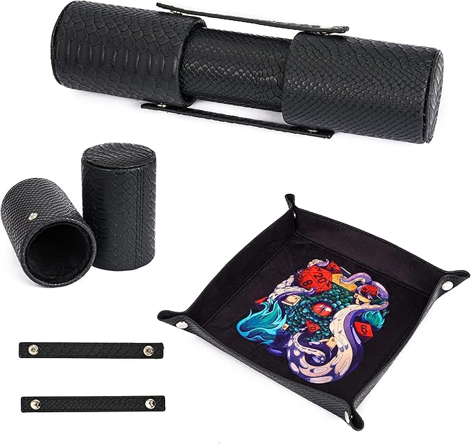 3 in 1 DND Dice Tray with Two Dice Cup Set, PU Leather Portable Folding Dice Rolling Tray for RPG Board Games and Pub Party Games