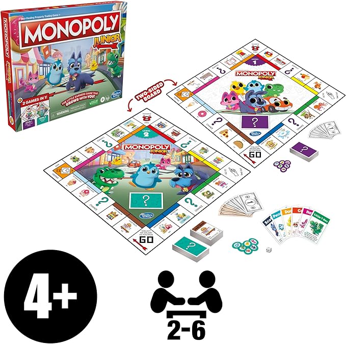 Hasbro Gaming Monopoly Junior Board Game, 2-Sided Gameboard, 2 Games in 1, Monopoly Game for Younger Kids Ages 4 and Up, Kids Games for 2 to 6 Players