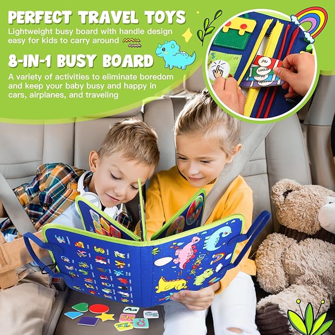 Toddler Busy Book，Dinosaur Toys for Kids 3-5，Busy Board，Montessori Toys，Toddler Travel Toys，Educational Toys，Sensory Board Fine Motor Toys，Toddler Airplane Travel Essentials Quiet Books