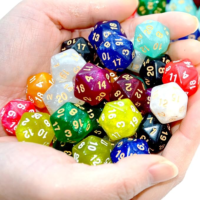 SmartDealsPro 50-Pack D20 20 Sided Dice Polyhedral Dice with Pouch for DND RPG MTG Table Game (D20, Glitter Color)