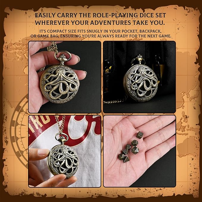 Mini DND Dice Set with Pocket Watch Shell, 7PCS Polyhedral Metal Dice Set Perfect for Dungeons and Dragons, MTG, Role Playing Board Games Accessory (ZY01-Bronze)