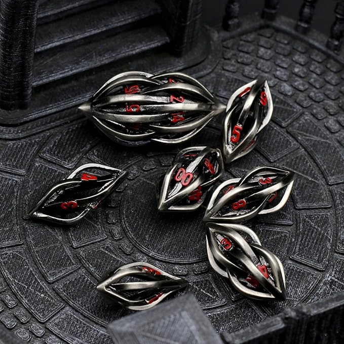 DND Dice Set Arcanum for Dungeons and Dragons, Hollow Metal D&D Dice Role Playing Polyhedral Dice for Tabletop Game (Arcanum Red Number)