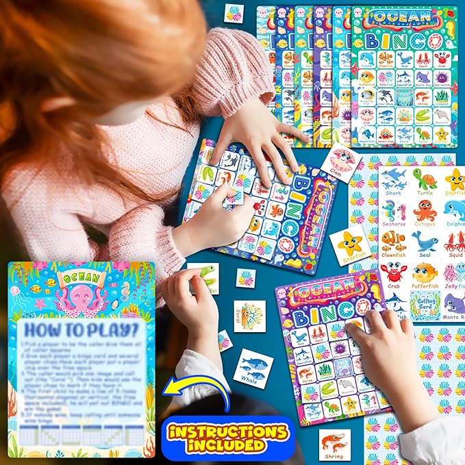 Ocean Bingo Game 24 Players Ocean Animals Bingo Game for Kids Bingo, Under The Sea Party Bingo Games for Family Classroom Activity Ocean Party Supplies