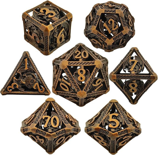 D&D DND Dice Set 7pcs Metal Hollow Polyhedron Dungeons and Dragons Gifts Bag TTRPG MTG Pathfinder Board Game Accessories D and D Roll Playing Dice D20 D12 D10 D% D8 D6 D4-Ancient Gold