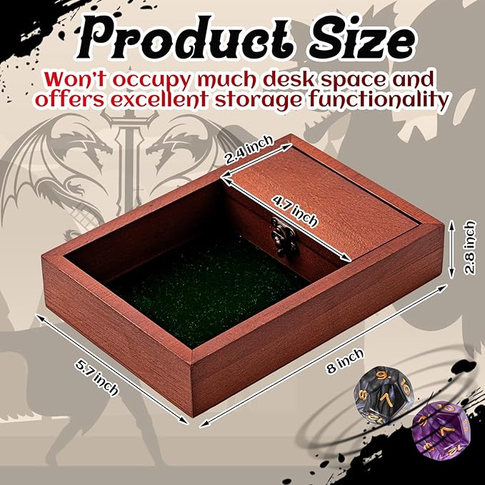Wooden Dice Tray for Rolling with Storage 5.5 x 8 Inch Box Vault Metal Latch Secures Lid for Travel Tabletop Games, Board Games, Dungeons and Dragons
