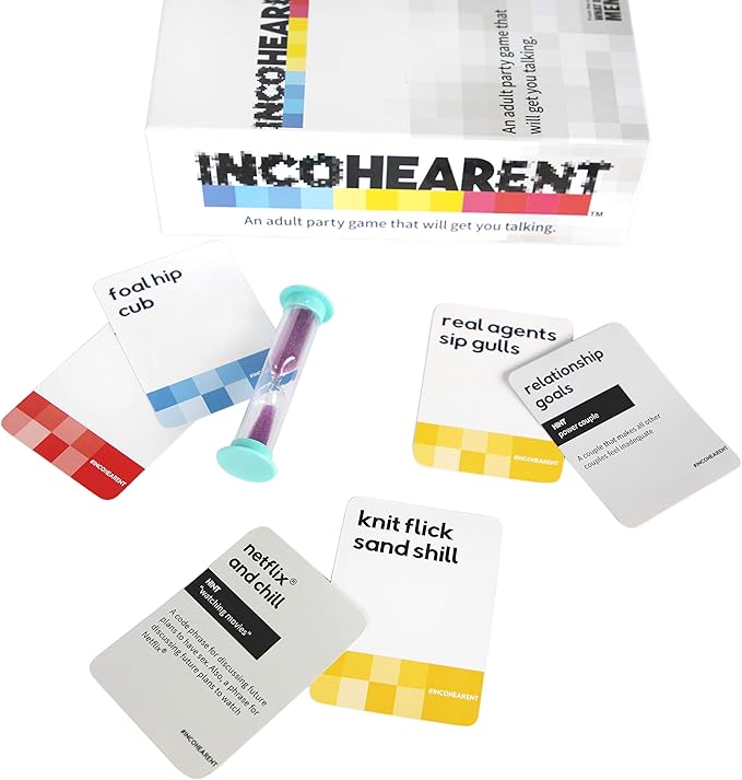 Incohearent, The Guess the Gibberish Party Game by Relatable, A Funny Card Game for Adults, Great for Bachelorette Party Games or Game Night Games, Includes 400 Cards, Instructions, and 1 Sand Timer