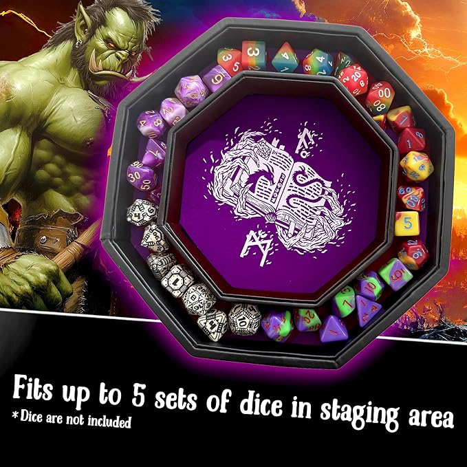 Purple Fire Dragon Dice Tray with Wizard Book Print – 9" Octagon with Dice Staging Area, Holds 5 Dice Sets – Perfect for D&D, Call of Cthulhu, Shadowrun, and All Tabletop RPGs