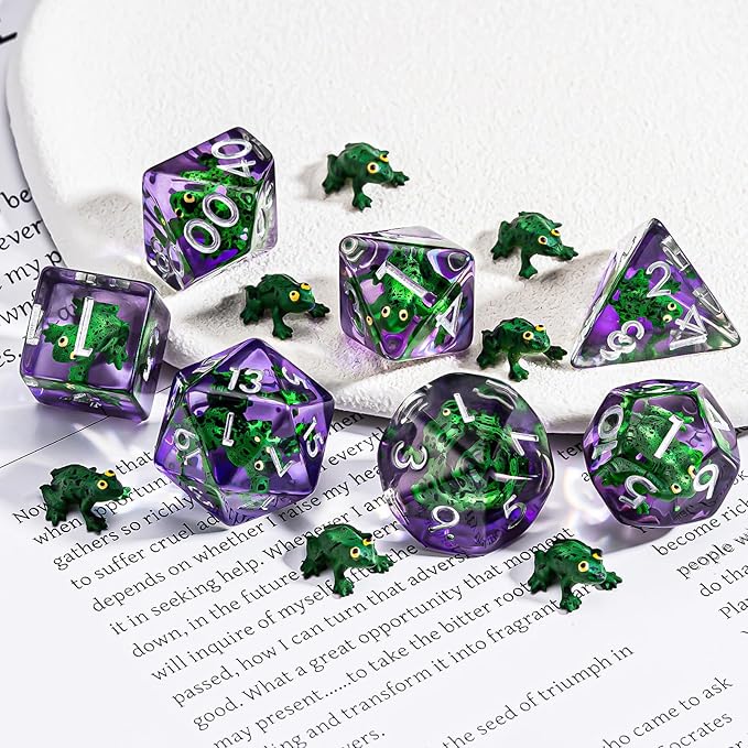 Resin D&D Dice Set, Green Frog Animal Polyhedral Dice for Dungeons and Dragons, RPG, MTG DND 7-DIE (D4, D6, D8, D10, D12, D20, D%)