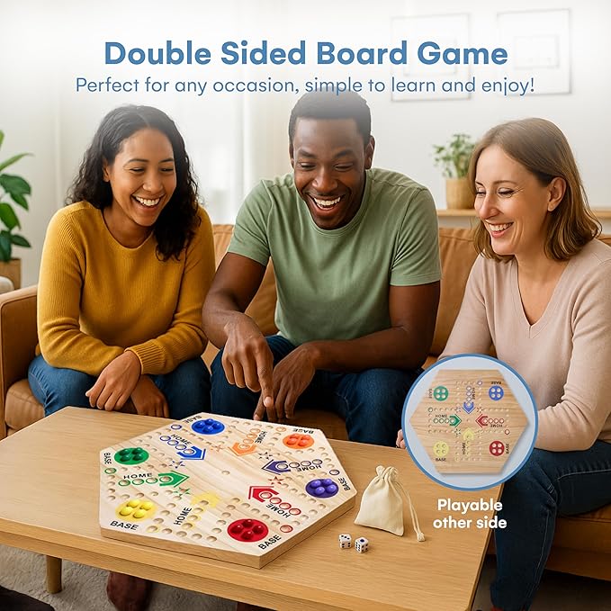 Flybold Wooden Marble Board Game Set for Adults and Kids - 6-Player Classic Strategy Game with Dice and Storage Bag - Durable Wooden Game Board for Family Fun, Indoor Parties, Picnics and BBQ Events