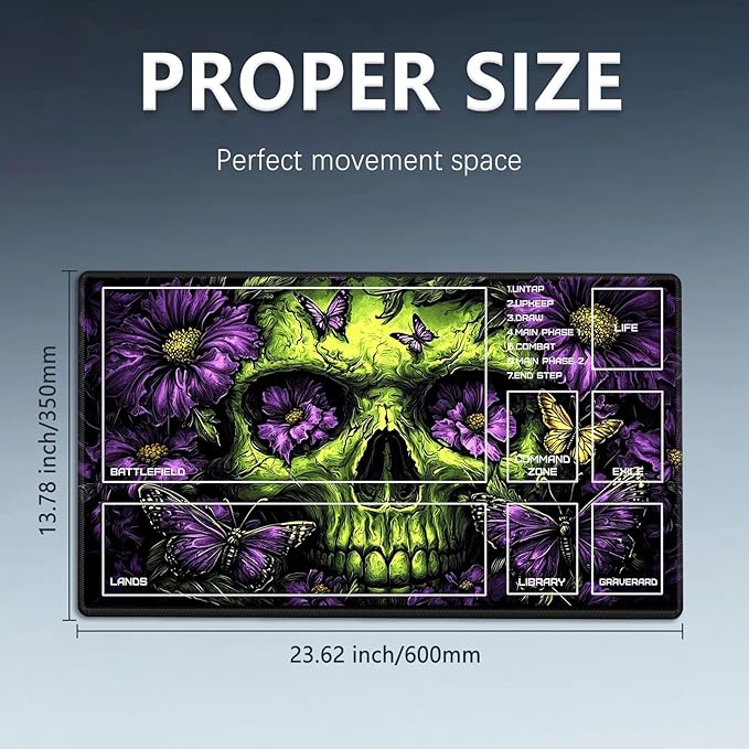 MTG Playmat Size 23.6x13.8in with Storage Bags Portable Playmat TCG and Board Game Mat for Cards Rubber Base Slip-Resistant Mousepad Desk Mat (Green Skull,with Zone)