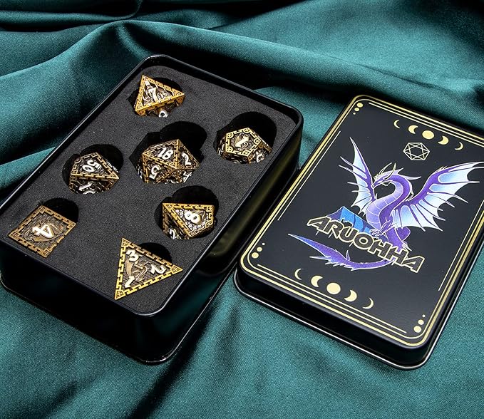 ARUOHHA DND Metal Dice Set Dragon Design Dice Set with Gift Box, Role Playing Games Antique Gold Polyhedral RPG D and D Dice D20 D12 D10 D8 D6 D4