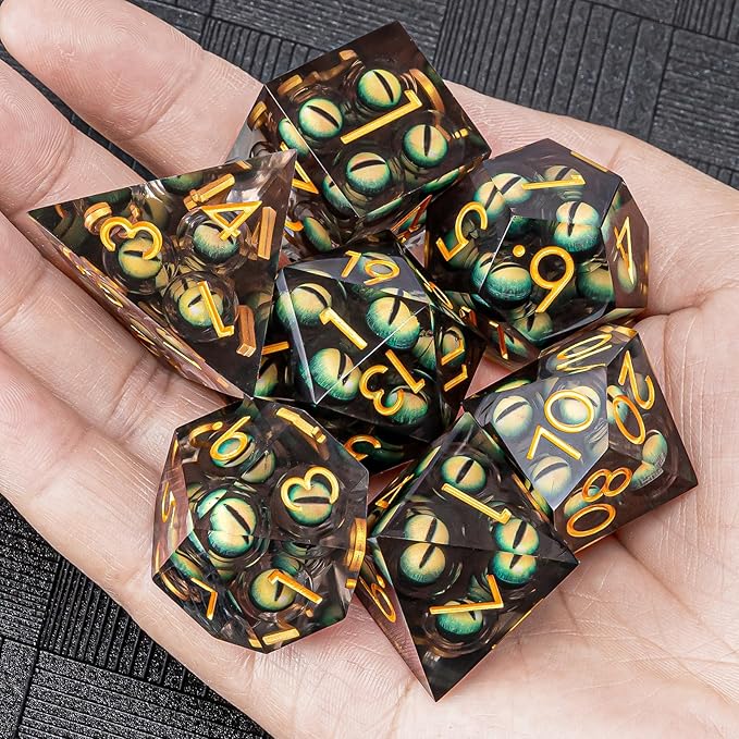 Dungeons and Dragons Dice DND Resin Mixed Eyeball Dice Set 22-32mm Large Sharp Edged Dice Set with Box, Polyhedral D&D Role Playing Game D&D Dice Set D20 D12 D10 D8 D6 D4 (Green Eyes+Gold Ink)