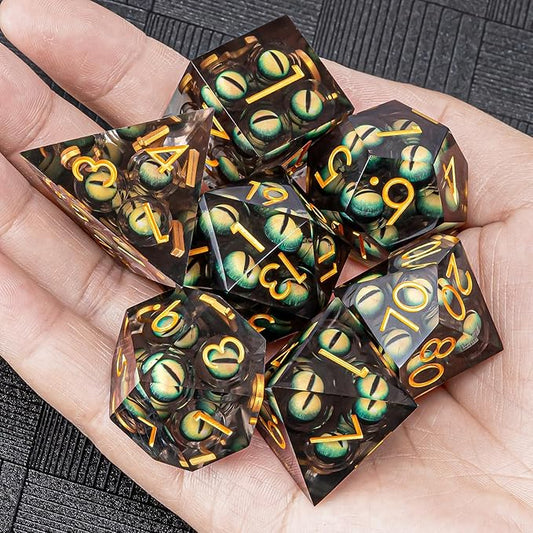Dungeons and Dragons Dice DND Resin Mixed Eyeball Dice Set 22-32mm Large Sharp Edged Dice Set with Box, Polyhedral D&D Role Playing Game D&D Dice Set D20 D12 D10 D8 D6 D4 (Green Eyes+Gold Ink)