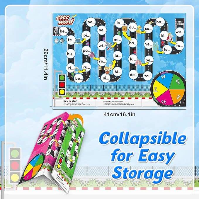 Phonics Board Games for Kids,Educational Learning CVC and CVCC Board Games for Boys and Girls,Reading and Spelling Word Games Ages 4 5 6,Classroom Travel Indoor Outdoor Family Games