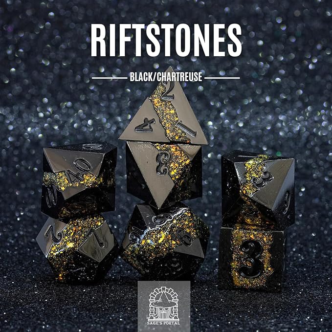 Sage's Portal Metal Riftstone DND Dice 7-PC Polyhedral Dice Set for DND TTRPG Dungeons and Dragons Pathfinder Oversized Designer Dice (Gloss Black/Chartreuse)