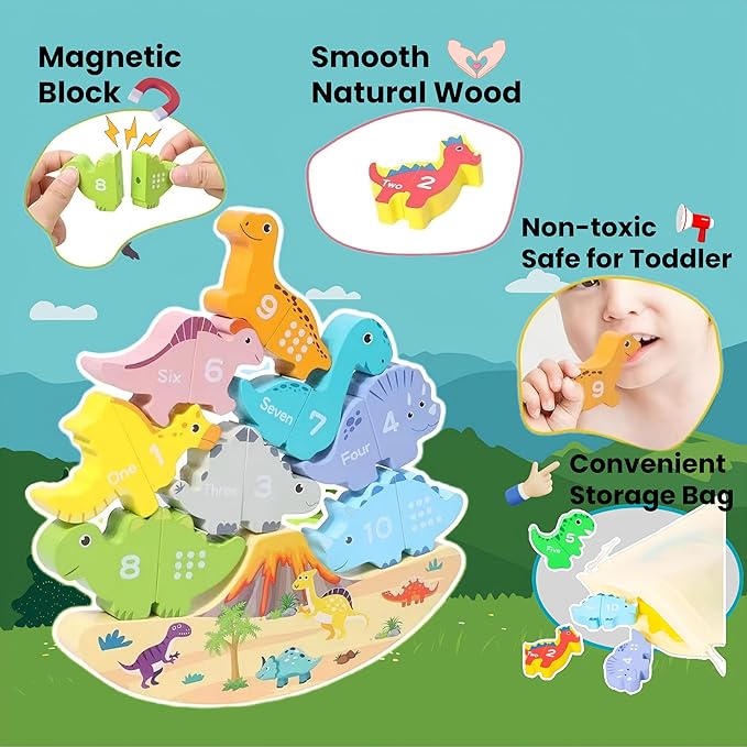 Montessori Dinosaur Stacking Toys - Magnetic Dinosaur Blocks, Matching & Sorting & Balance Board Game for Kids, Numbers 1-10 Learning Toys for 3 4 5 Year Old, Educational Gifts for Boys Girls Birthday