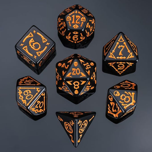 7-Die DND Dice Set Halloween Pattern Polyhedral Dice Set with Leather Bag, Skull Dice D&D Dice Set for Dungeons and Dragons RPG Table Games (Halloween Pattern-Black)