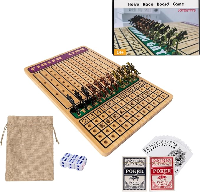 Horse Race Board Game, Horse Racing Board Game with 11 Luxury Metal Horses, 4 Dice, 2 Boxes of Cards, and Thickened Wood Horse Race Game Board
