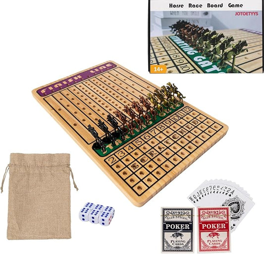 Horse Race Board Game, Horse Racing Board Game with 11 Luxury Metal Horses, 4 Dice, 2 Boxes of Cards, and Thickened Wood Horse Race Game Board
