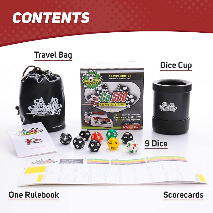 Zobmondo!! Go500 Car Racing Dice Game | Great for NASCAR Fans, Families, and Kids | Portable Fun Game for Home, Travel, Camping, Bleachers, Vacation, Beach