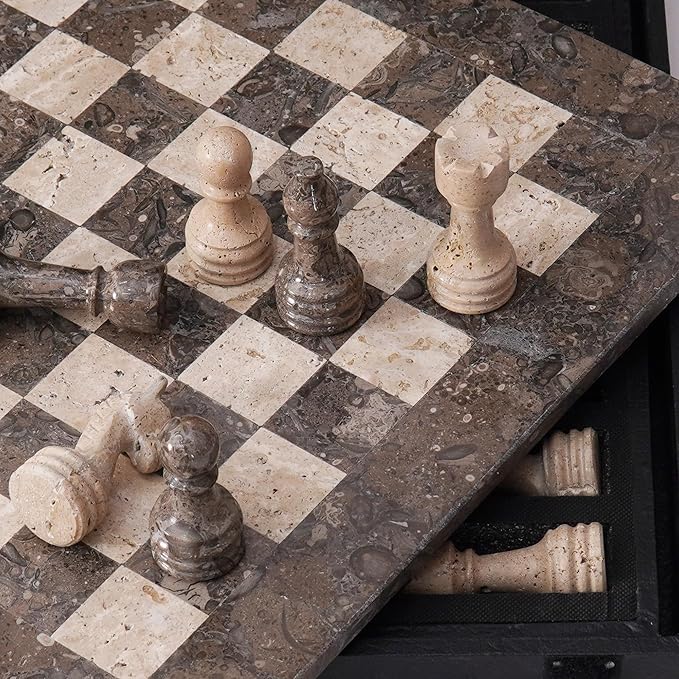 Marble Chess Set 15 Inch Oceanic & Travertine Checkers Board Game with Pieces, 2 Extra Queens and Storage Box, Strategy Set for Adults & Family, Travel, Tabletop Play