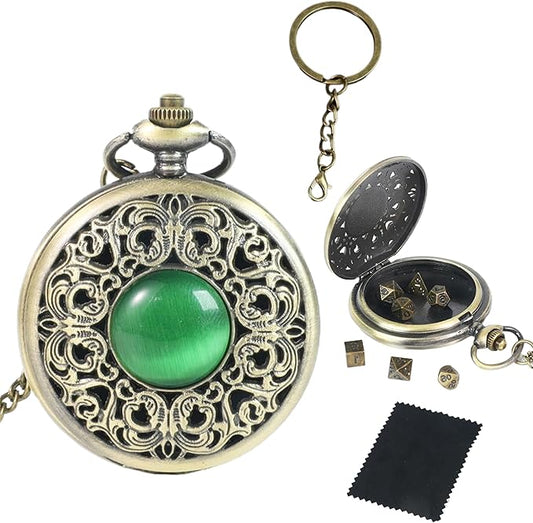 Mini DND Dice Set with Watch Shell and Keychain, Portable 7PCS Polyhedral Metal Dice Set Perfect for Dungeons and Dragons Gifts, MTG, Role Playing Board Games Accessory (Ancient Bronze)