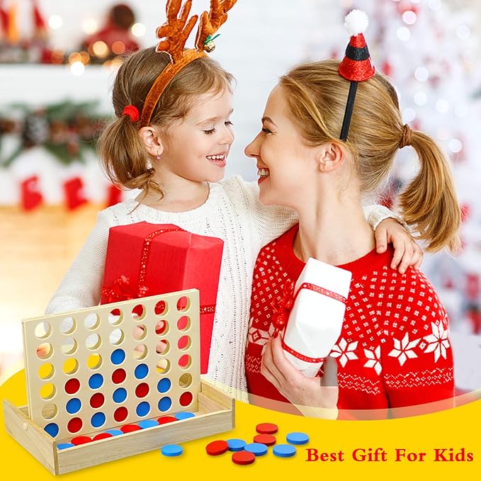 4 in a Row Wooden Connect Board Game, Foldable Line up 4 Game, Classic Strategy Family Fun Toy, Wood Connect Game for Kids and Adults (Travel Size)