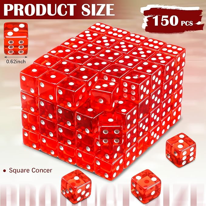 Poen 150 Packs Standard Game Dices Bulk 16mm Acrylic Casino Dice D6 for Board Activities, Birthday Party Supply(Clear Red,Square Corner)