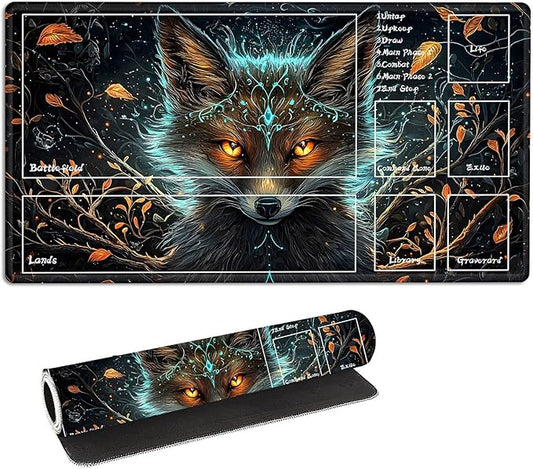 for MTG Playmat with Zones Storage Bag, for TCG Playmat and Playing Card Mat for Magic Board Games, Beautiful Fox Non-Slip Stitched Edges Game Mat, Rollable Foldable Card Playmats