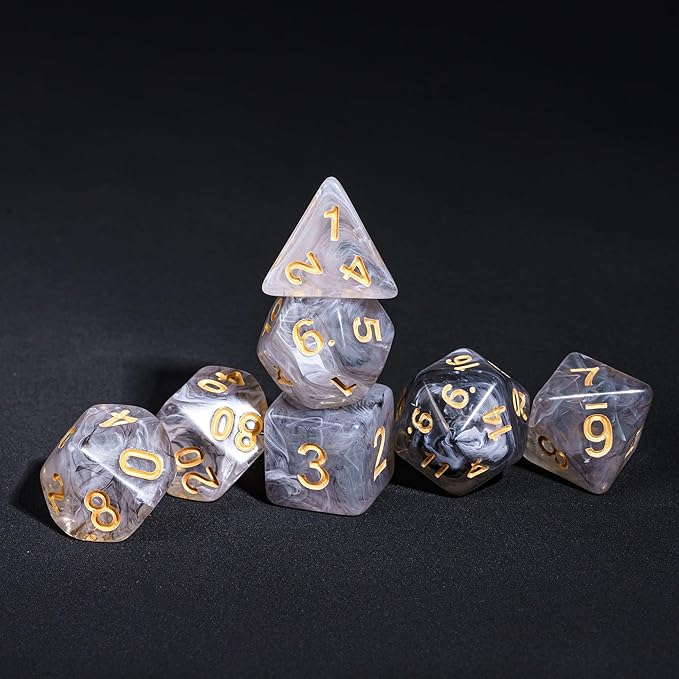 7-Die DND Dice Set Polyhedral Dice Set with a Leather Dice Bag, D&D Dice Set for Dungeons and Dragons, RPG Table Games (Transparent Black Mix White)