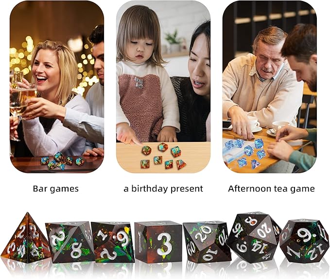 DND Dice Set Sharp Edge Galaxy Dice Handmade Resin Polyhedral Dice for Dungeon and Dragons RPG D20 Tabletop Roleplaying Party Games (Dark Brown & Green)