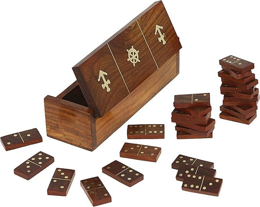 Ajuny Wooden Domino Game Set with Boat Wheel Anchor Design Classic Storage Box Numbers Table Handcrafted Dominoes Game for Kids Adults Family Outdoor Indoor Games 7.75x2 Inch