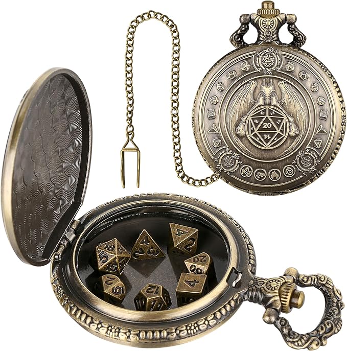 Mini DND Dice Set Dragon Bronze Pocket Watch Shell Case, 7pcs Polyhedral Metal D&D Dice Set, DND Gifts with Gift Box, D&D Gift, Role Playing Board Games Accessories
