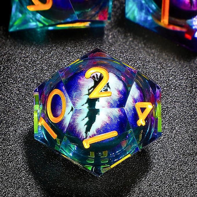 Handmade Resin Dragon Eye DND Dice Set Liquid Core Sharp Edges 7 Pieces with Gift Box for RPG Roleplaying Unique Craftsmanship (Purple-Gold)
