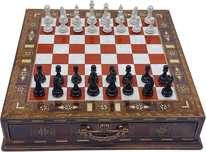 12.6’’ Handmade Walnut Chess Set with Zamak Metal Pieces, Wooden Chess Set with Storage, Birthday Gift for Him, Handmade Chess Gift, for Him (Black-White Pieces)