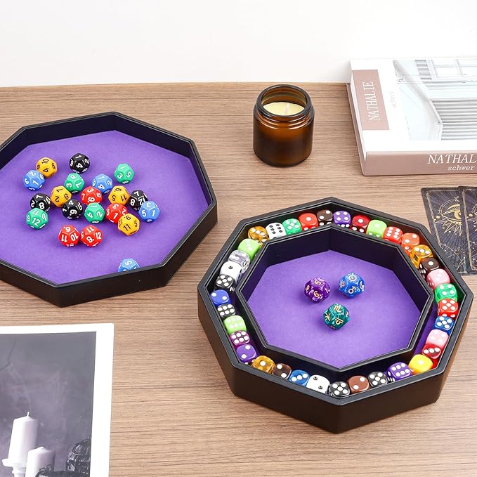 Dice Tray with Lid for Board Dice Games, Purple Felt Lined PU Leather Octagon Dice Rolling Tray and Box Storage for Dice