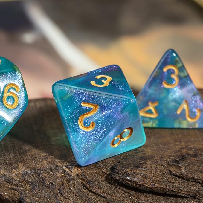 7-Die DND Dice Set Polyhedral Dice Set with a Leather Dice Bag, D&D Dice Set for Dungeons and Dragons, RPG, MTG Table Games (Purple Cyan/Glitter)