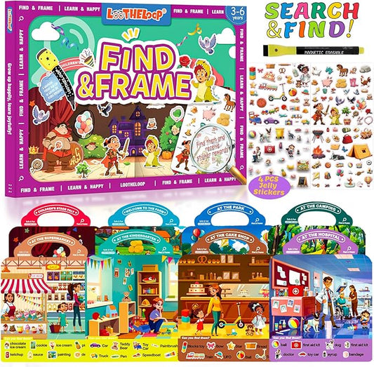 Reusable Search Game and Find Sticker Books for Kids 3-5, Educational Preschool Learning Car Road Trip Airplane Activities for Toddlers Travel Toys 2-4 Year Old, Christmas Birthday Gift for Boys Girls