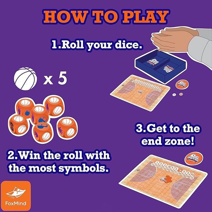 FoxMind Games: Sports Dice Basketball - Throw The Ball On Net & Dunk to Win, Rolling Board Game, Fun & Easy to Learn, Family-Kids Ages 8+ 2-4 Players