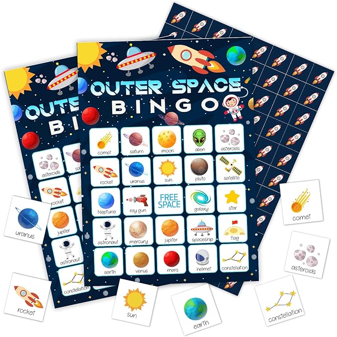 Ziyouza Outer Space Bingo, Solar System Birthday Bingo Cards, 24 Players Bingo Games for Space Theme Birthday Family Party Outdoor Trip Activity -04