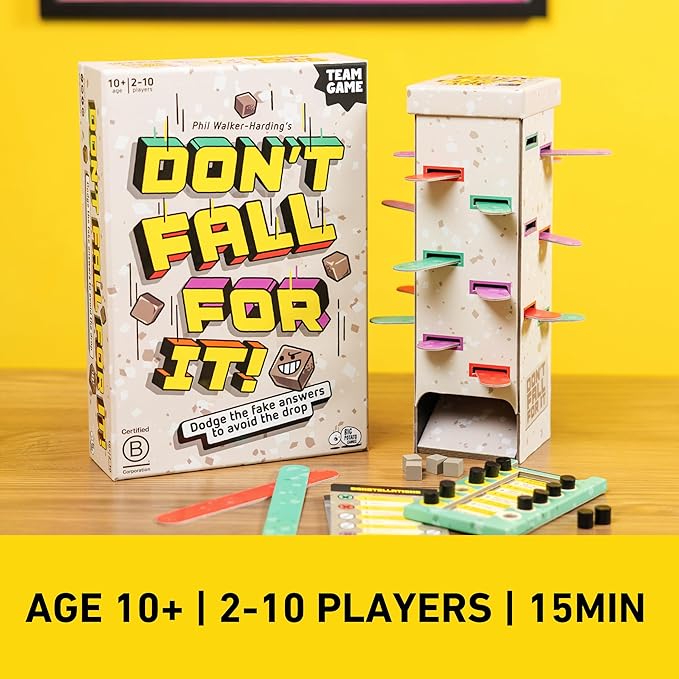 Don’t Fall for It! Family Board Game – Team Party Game of Real vs Fake Answers – Avoid The Tower Drop, Remove Planks Carefully, and Dodge 11 Blocks to Win – Ages 10+