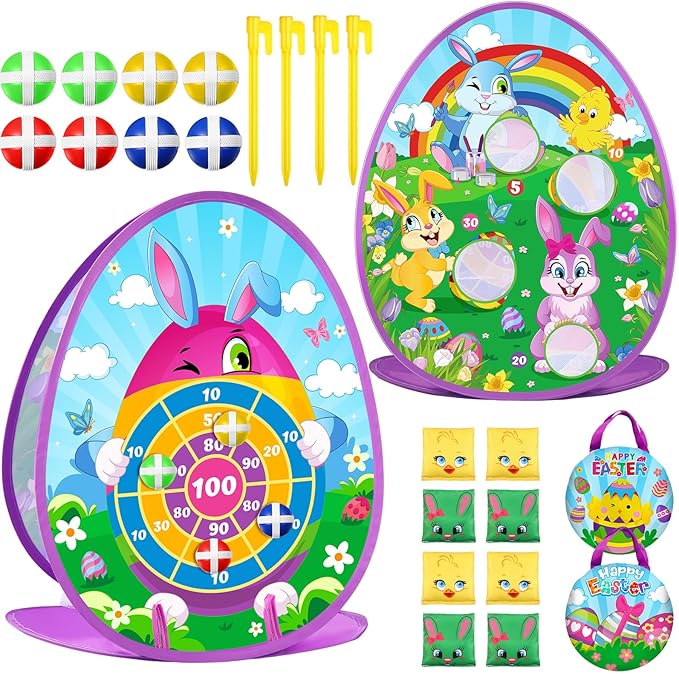 Blosssound 2 in 1 Easter Games for Kids Bunny Cornhole Board and Dart Board with 8 Sticky Balls 8 Bean Bags 4 Stakes Easter Bean Bag Toss Game for Toddlers Kids Family Outdoor Indoor Activities