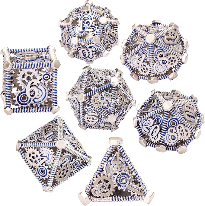 DND Metal Dice Set, UBEUCK 7PCS Gear Metal DND Dice Set for Dungeons & Dragons Board Games Boxes (Gear Blue)