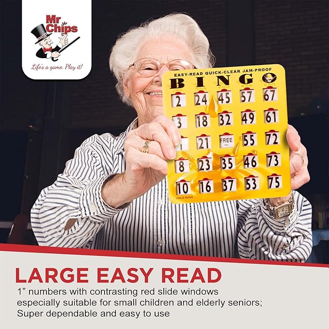 MR CHIPS Jam-Proof Bingo Cards with Sliding Windows, 50 Reusable Shutter Cards, 75 Calling Cards 1 Master Board in Gold Rush Style