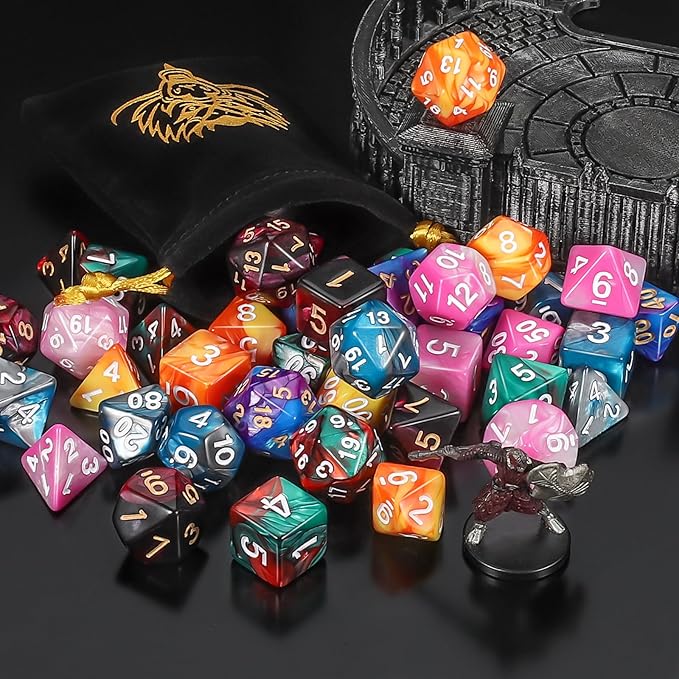 QMay DND Dice Sets - 6 X 7 Polyhedral Dice (42pcs) with 6 Drawstring Bags for Dungeons and Dragons, RPG, MTG,Role Playing Table Game