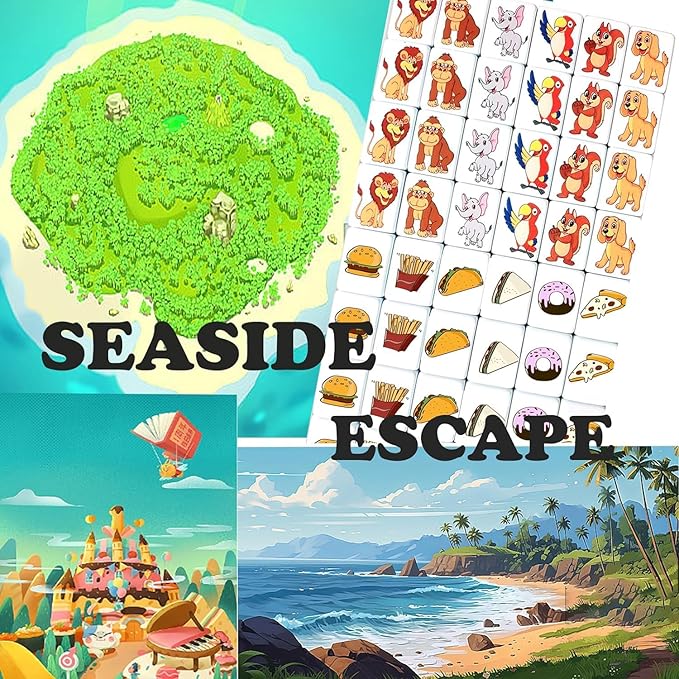 Seaside Escape Game Blocks, Mahjong Tile Game Sets with 49 Tiles 38mm Pet and Food Pattern with Grey Bag.