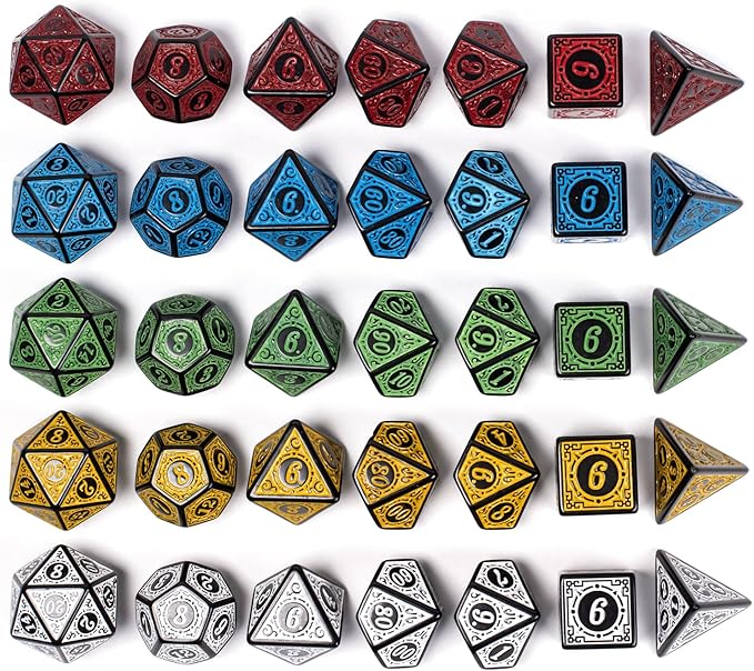 5 Sets Dice DND, Polyhedral Dice Set (35pcs) with Leather Dice Bag, D&D Dice Set for Dungeons and Dragons, RPG Table Games (Window Lattice Carved Series)