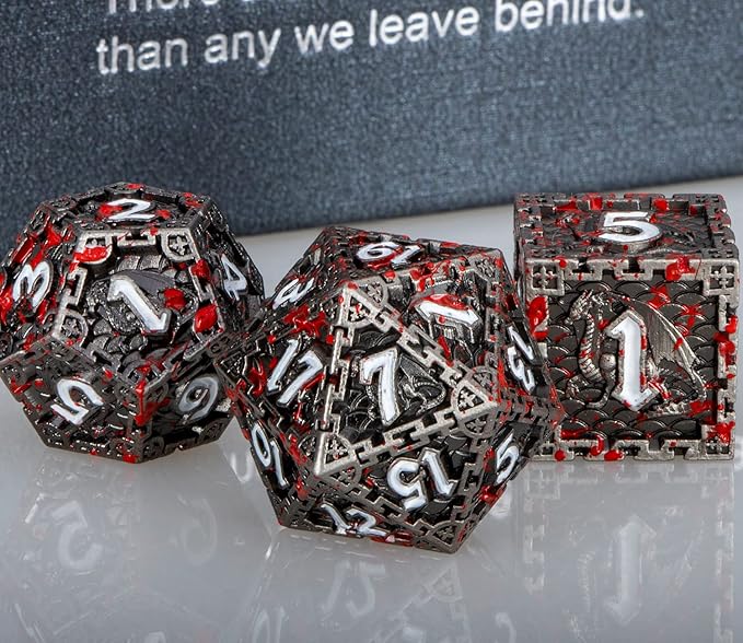 ARUOHHA Metal DND Dice Set with Gift Box, Dragon Design Blood Polyhedral Dice Role Playing Game Handmade D and D Dice Set D20 D12 D10 D8 D6 D4