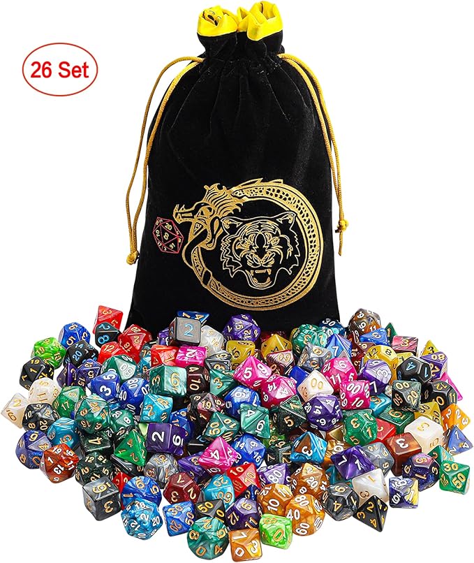 CiaraQ DND Dice Sets - 26 X 7 Polyhedral Dice (182pcs) with a Large Drawstring Bag Great for Dungeons and Dragons, Role Playing Table Game.