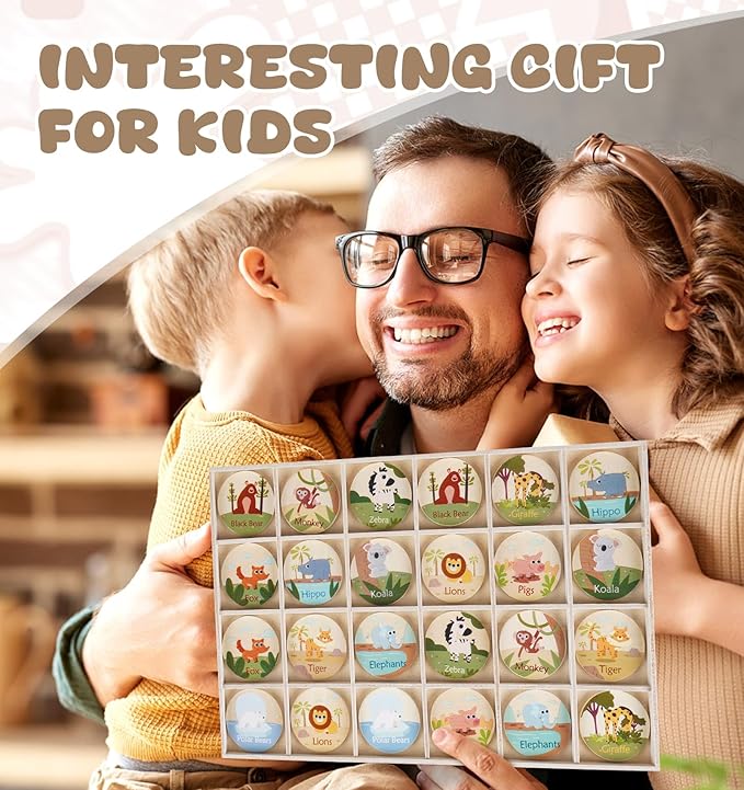 24Pc Animal Memory Matching Cards, Wooden Memory Chess Age 3-5, Educational Memory Matching Game for Kids Adults Educational Game Family Travel Board Games for Early Learning Brain-Boosting